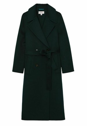 Tmavozelený dlhý vlnený kabát so širokými klopami, dvojradovým zapínaním, bočnými vreckami a viazaným pásom.