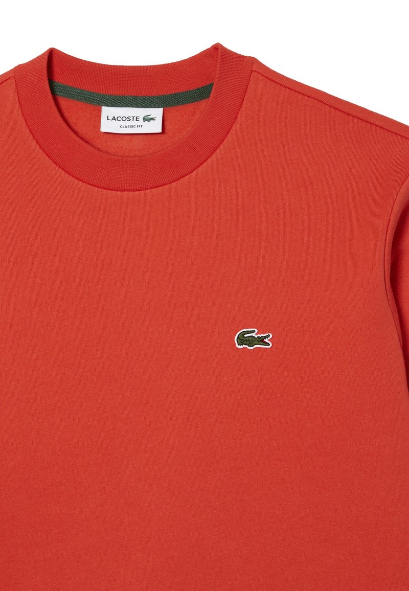 Czerwona bawełniana bluza z okrągłym dekoltem i haftowanym zielonym logo krokodyla na piersi. Gładka faktura, klasyczny fason.