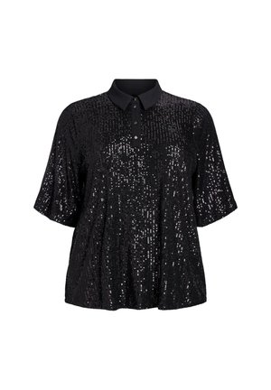 Blusa de mangas cortas negra con lentejuelas, con cuello y tapeta de botones. Superficie texturizada con lentejuelas brillantes en un arreglo estampado.
