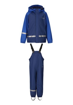 Blue waterproof jacket with hood and matching bib pants with adjustable black straps, both featuring reflective stripes.