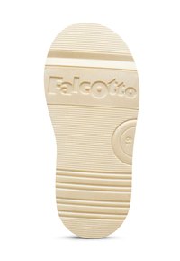 Sola di scarpa beige con scanalature orizzontali, nome del marchio "Falcotto" impresso e taglia "19" segnata all'interno di un motivo circolare vicino al tallone.