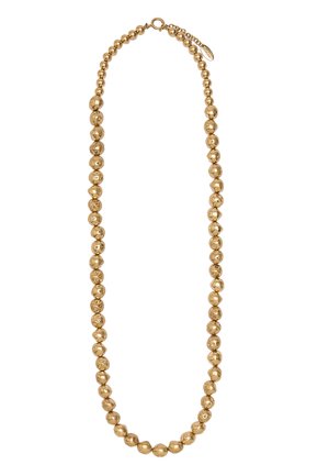 Naszyjnik w złotym odcieniu z okrągłymi, nieregularnie teksturowanymi koralikami oraz zapięciem typu sprężynowy pierścień z regulowanym przedłużaczem łańcuszka.