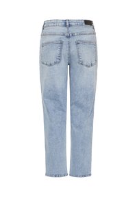 Jeans de mezclilla de color azul claro y corte recto. Cuenta con una cinturilla, bolsillos traseros y detalles de costura. Sin patrones ni acentos visibles.