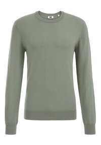 Zelený svetr s kulatým výstřihem vyrobený z měkké látky, s dlouhými rukávy, žebrovanými manžetami a žebrovaným lemem. Hladká textura, bez vzorů nebo akcentů.