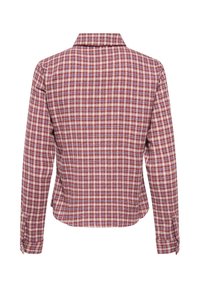 Chemise à carreaux rouge, blanc et bleu à manches longues avec poignets boutonnés, présentée de dos sur fond blanc.