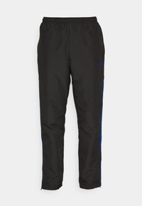 Pantalones de chándal negros con franjas laterales azules, cinturilla elástica, textura suave y piernas ajustadas. Presenta un logo cerca de la cinturilla.