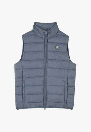 Grijze puffer vest met hoge kraag, rits aan de voorkant en zijzakken. Bevat gestikte panelen voor isolatie en een circulair logo op de borst.