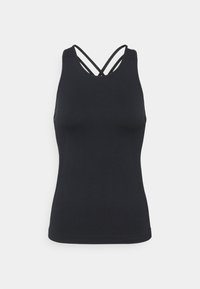 Sort tanktop lavet af strækstof, med rund halsudskæring og krydsede stropper bagpå. Glat tekstur, tætsiddende design.