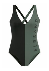 Einteiliger Badeanzug mit tiefem V-Ausschnitt, der auf der linken Seite schwarz und auf der rechten Seite grün ist. Überkreuzte Träger und Detail mit "ELBSAND"-Logo an der Seite.
