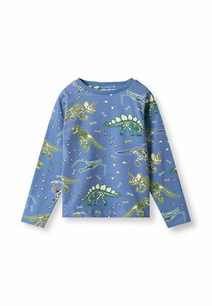 Modrá košeľa s dlhými rukávmi, zdobená potlačou dinosaurového kostry v zelenej farbe. Mäkká bavlnená tkanina, okrúhly výstrih a voľný strih.
