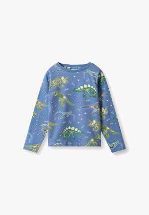 Modrá košeľa s dlhými rukávmi, zdobená potlačou dinosaurového kostry v zelenej farbe. Mäkká bavlnená tkanina, okrúhly výstrih a voľný strih.