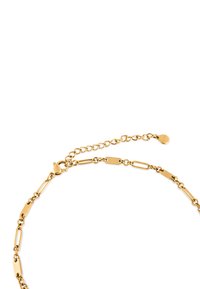 Ogrlica od zlatnog lanca s izduženim povezima, kopčom u obliku škampa i podesivim produžnim lancem za varijaciju veličine. Glatka površinska završna obrada.