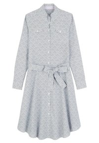 Robe à motif bleu avec des manches longues, un devant boutonné, deux poches poitrine, une ceinture à la taille et un ourlet évasé. Fabriquée en tissu léger.