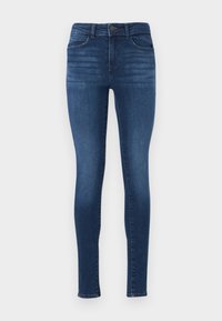 Skinny jeans i mörkblå denim med en slät textur, hög midja och femfickadesign. Har subtila blekningar och en metallknapp som stängning.