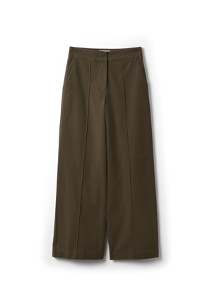 High-waist, wide-leg olive green trousers with front pleats and side pockets, displayed flat on a white background.