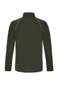 Tmavohnedá košeľa s dlhým rukávom a zipsom pri golieri, so zeleným prešívaním pozdĺž ramien a hladkou, textúrovanou tkaninou.