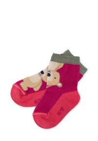 Kniestrümpfe mit Bärendesign, in einem pinken und roten Farbschema, mit grünem geripptem Bündchen und weichem Material.