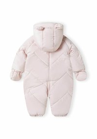 Roze puffer-sneeuwpak met capuchon en berenoren, een gewatteerde textuur, elastische manchetten en een ritssluiting aan de voorkant.