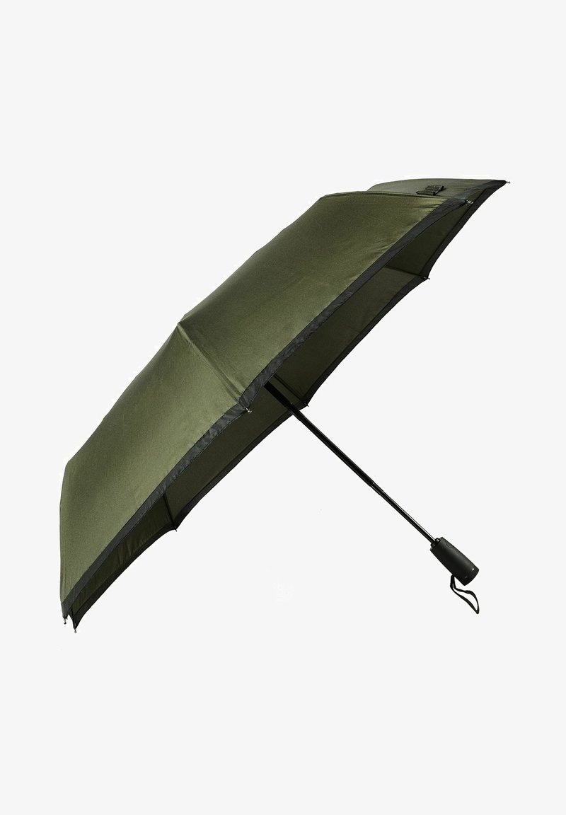 Groene stoffen parasol met een zwarte rand, slanke metalen frame en een rubberen handvat. Open ontwerp voor bescherming; lichtgewicht constructie.