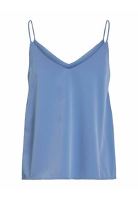 Caraco bleu clair sans manches avec fines bretelles spaghetti et décolleté en V, présenté sur fond blanc.