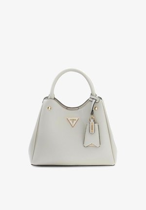 Borsa a mano in pelle grigio chiaro con due manici, targhetta con logo Guess in tono oro e etichetta coordinata appesa al manico.