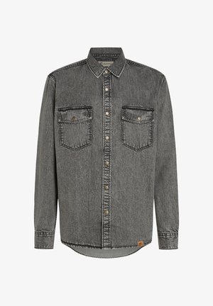 Grijze denim shirt met lange mouwen, knoopsluiting, twee borstzakken en contrasterende stiksels. Ronde zoom en label aan de zijkant.