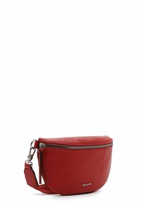 Borsa a tracolla rossa in pelle con forma arrotondata, caratterizzata da una chiusura con zip argentata, tracolla regolabile e una texture liscia.