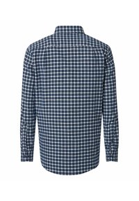 Koszula z długim rękawem w granatowo-białą kratkę, wykonana z bawełny. Posiada standardowy kołnierzyk oraz mankiety zapinane na guziki. Prosty dół.