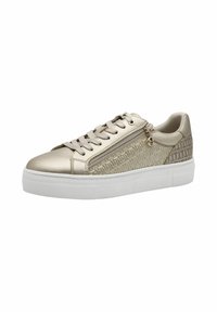 Sneaker metallico dorato con un motivo testurizzato sul lato, suola bianca, chiusura con lacci e una zip decorativa su un lato.