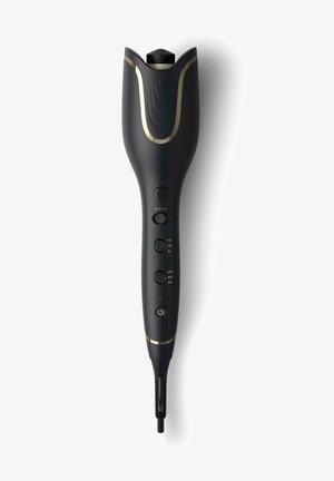 Zwarte stylingtool met een slank ontwerp, gouden accenten en meerdere temperatuurinstellingen (170–210°C) op het handvat. Beschikt over een gegroefd handvat.