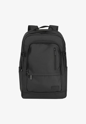 Black nylon backpack with padded shoulder straps, multiple zippered compartments, and a flat base for stability. Textured finish with minimal accents.