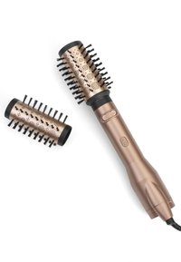 Sèche-cheveux brosse ronde en rose gold métallique avec des accents en poils, dotée de barils détachables et de boutons de fonctionnement doubles.