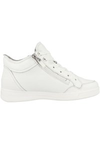 Baskets montantes blanches en cuir avec une finition texturée, dotées de lacets, d'une fermeture éclair sur le côté et d'une semelle en caoutchouc. Design simple et épuré.