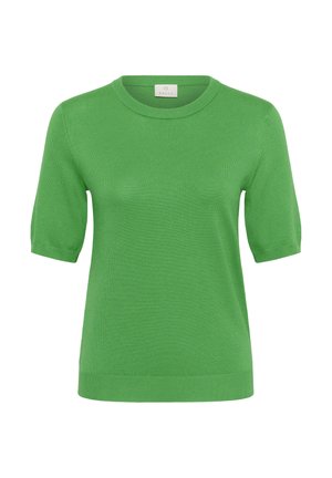 Pulover verde din tricot cu mâneci scurte, guler rotund și mansete și tiv striate, prezentat pe un fundal alb.