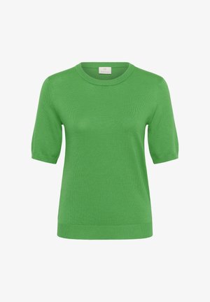 Pulover verde din tricot cu mâneci scurte, guler rotund și mansete și tiv striate, prezentat pe un fundal alb.