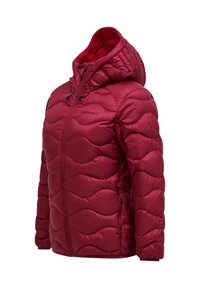 Red hooded puffer jacket with a quilted design, zip closure, and black hardware. Features smooth, shiny fabric with a wavy pattern.