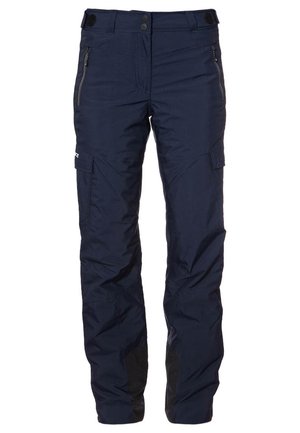 Pantalons imperméables navy avec deux poches latérales zippées, zones de genoux renforcées et plusieurs poches cargo. Fabriqués à partir d'un tissu résistant et texturé.