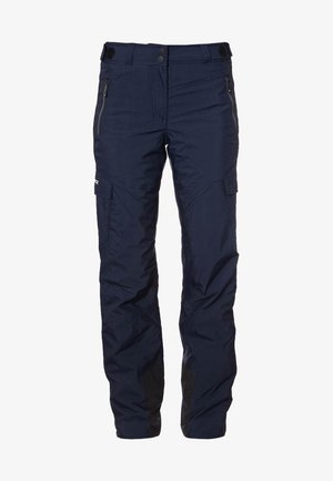 Navy waterproof trousers with two zippered side pockets, reinforced knee areas, and multiple cargo pockets. Made from durable, textured fabric.