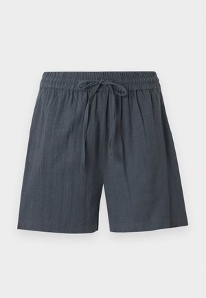 Dark gray loose-fit shorts with elastic waistband and front tie, made from textured lightweight fabric.