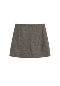 Mini gonna a scacchi marrone, design strutturato con forma svasata, texture liscia e zip laterale nascosta per la chiusura.