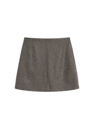 Brown houndstooth mini skirt, structured design with a flared shape, smooth texture, and concealed side zipper for closure.