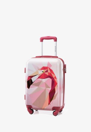 Hard-shell suitcase with a pink geometric flamingo design, featuring a white body, pink accents, and four spinning wheels for mobility.