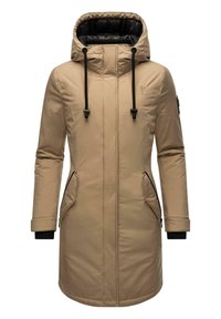 Beige parka with a black hood liner, two side pockets, and black accents. Features a zipper front and adjustable drawstring hood.