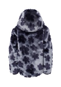 Faux bont jas in lichtgrijs met een donkergrijs bloemenpatroon. Heeft een capuchon en een gestructureerde afwerking, die warmte en comfort biedt.