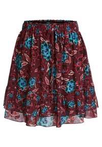Jupe florale avec un fond bordeaux, des fleurs bleues et rouges, un ourlet froncé, et une taille élastique avec un cordon de serrage.