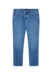 Vaqueros de mezclilla azul con un corte recto, que cuentan con dos bolsillos frontales y una cremallera. Textura suave y detalles de costura mínimos.