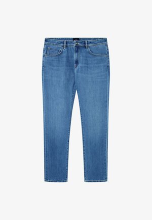 Modré džínsy s rovnými nohavicami, s dvoma prednými vreckami a zipsom. Hladká štruktúra a minimálne detaily šitia.