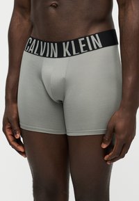 Άνδρας που φορά γκρι μποξέρ Calvin Klein με μαύρη μέση και λευκό λογότυπο, στέκεται μπροστά σε απλό φόντο.