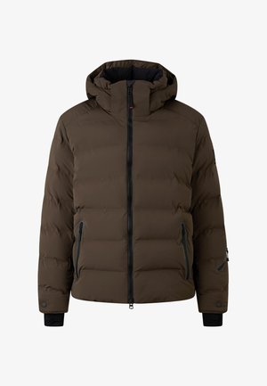 Brun polstret jakke med hætte, der har lynlås foran, sidelommer med lynlås og elastiske manchetter. Glat, vandafvisende stof.