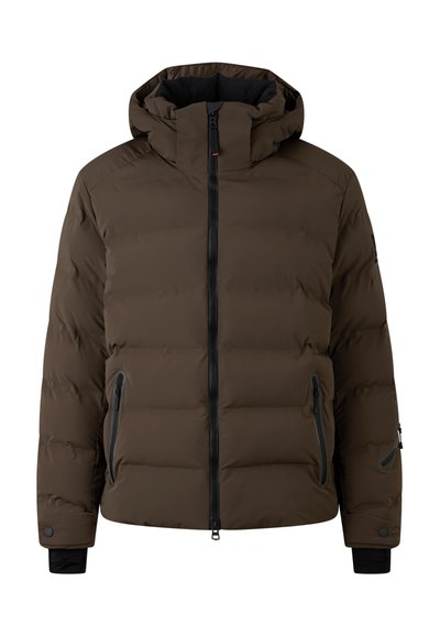 Brown padded jacket with a hood, featuring a front zipper, side pockets with zippers, and elastic cuffs. Smooth, water-resistant fabric.